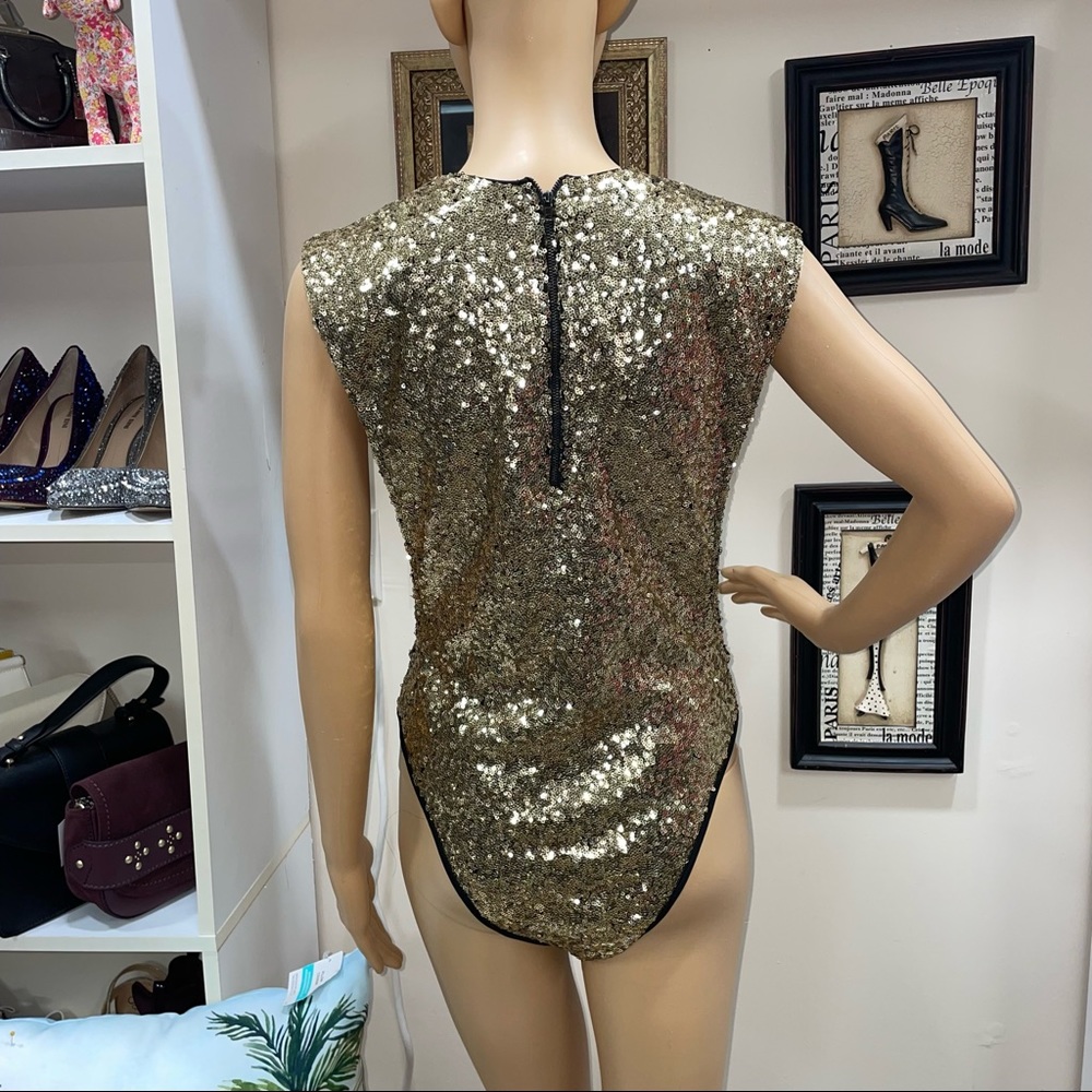 REHAB NWT! Sparkly Gold Sequins Sleeveless Leotard Bodysuit Size L - Picture 5 of 15